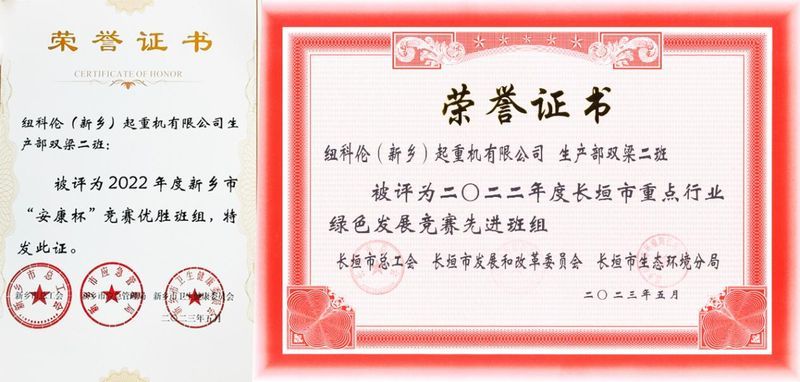 纽科***司双梁二班荣获新乡市“安康杯”竞赛优胜班组及长垣市***行业绿色发展竞赛先进班组